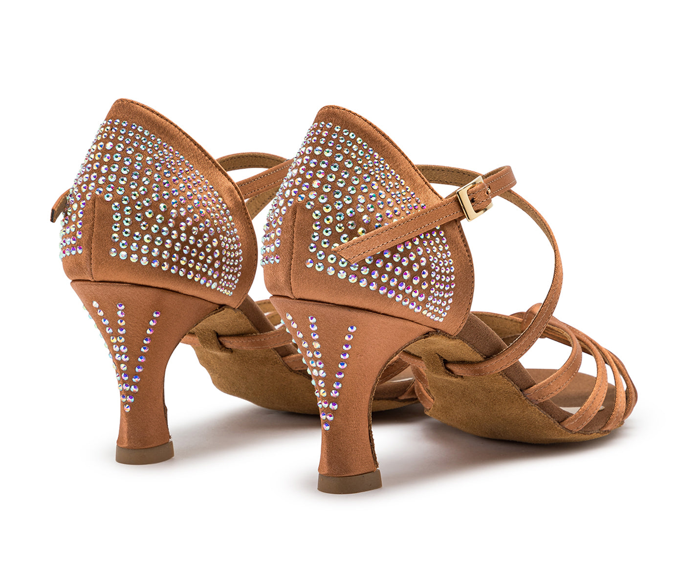 Bronzefarbene Dancing Queens 205 Show-Tanzschuhe in Satin Tan Strass, verziert mit Strasssteinen an Ferse und Rückseite.